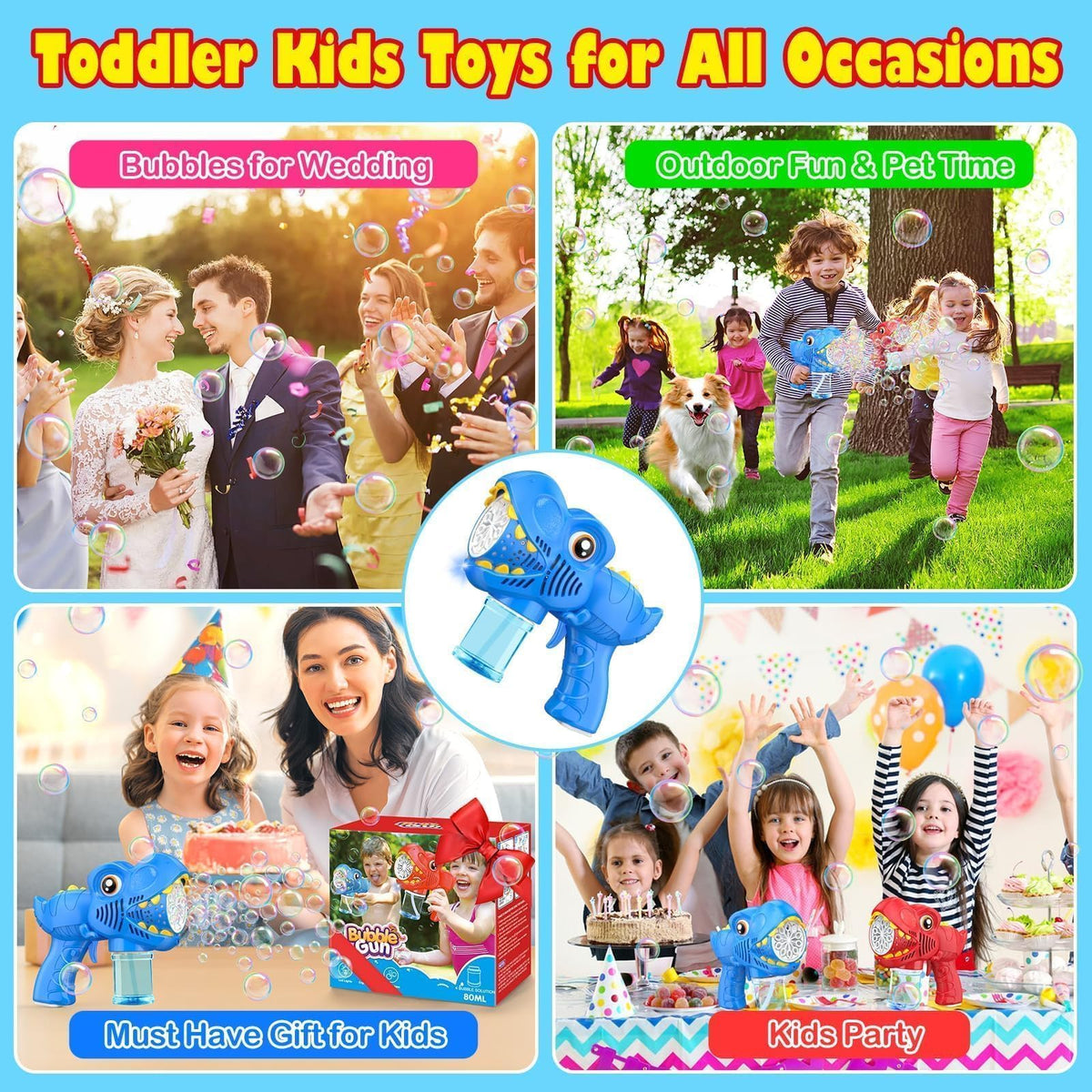 2Pcs Bubble Machine Gun Kids Toys Bubble Maker with 1800mAh Rechargeable Battery 4 Solutions Bubbles for Kids 4-8 Toddlers 1-3 Easter Basket Stuffers Dino Outdoor Toy Valentine Boy Girl