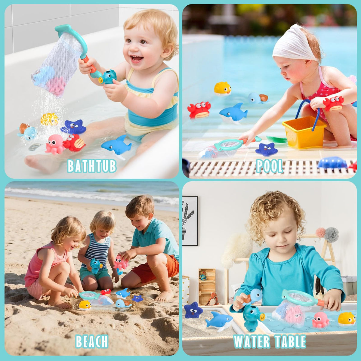 Mold Free Baby Bath Toys for Toddlers 1-3, No Hole Ocean Animal Bathtub Set with Mesh Organizer, Sensory Water Play for Infants 6-12 Months