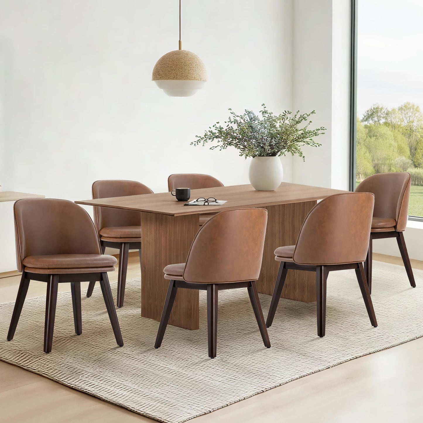 KISLOT Wooden Dining Chairs Set of 4, Faux Leather Upholstered Modern Dining Room Chairs with Double-Layer Thick Seat Cushion & Ergonomic Backrest for Restaurant, Kitchen and Cafรฉ, Brown, 2 Boxs