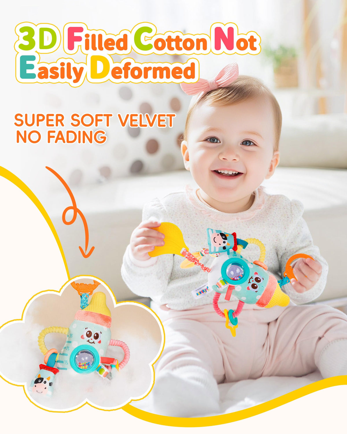 Jollybaby Baby Pull Vibration Toy - Tummy Time Sensory Hanging Toys for Car Seat, Stroller, Crib & Play Gym, with Babies Rattles & Teether, Airplane Travel Toys for Toddlers Gift - Donut
