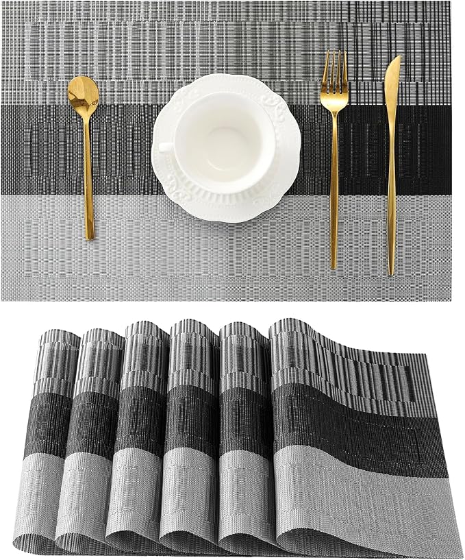 Leetaltree Grey with White Striped Placemats Set of 6 - Heat Resistant Non-Slip Place mats for Dining Table, Washable Durable PVC Vinyl Woven Table Matsï¼Grey Stripe, 6ï¼