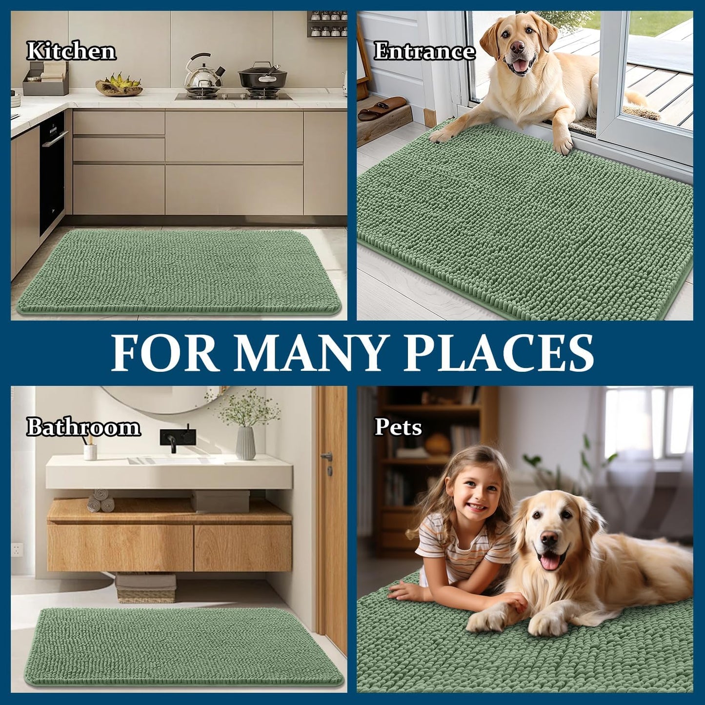 OLANLY Dog Door Mat - Absorbent Non-Slip Washable Doormat for Muddy Paws | 70x35 Olive Green