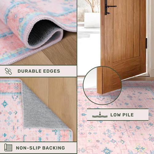 Hazo Haus Nursery Area Rug - Charming Boho Vintage Design | Washable 4x6 Pink Rug for Kids' Rooms