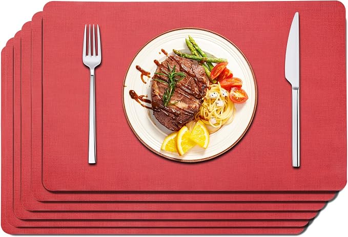 Maxpearl Red Placemats Set of 6, Faux Leather Dining Table Mats -Waterproof - Wipe Clean - Heat Resistant - Anti Slip, Suitable for Indoor & Outdoor Use, 17''Ã12''