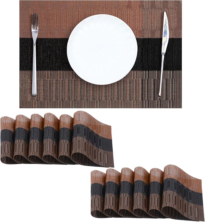 Leetaltree Brown with Black Striped Placemats Set of 12 - Heat Resistant Non-Slip Place mats for Dining Table, Washable Durable PVC Vinyl Woven Table Matsï¼Brown Stripe, 12ï¼