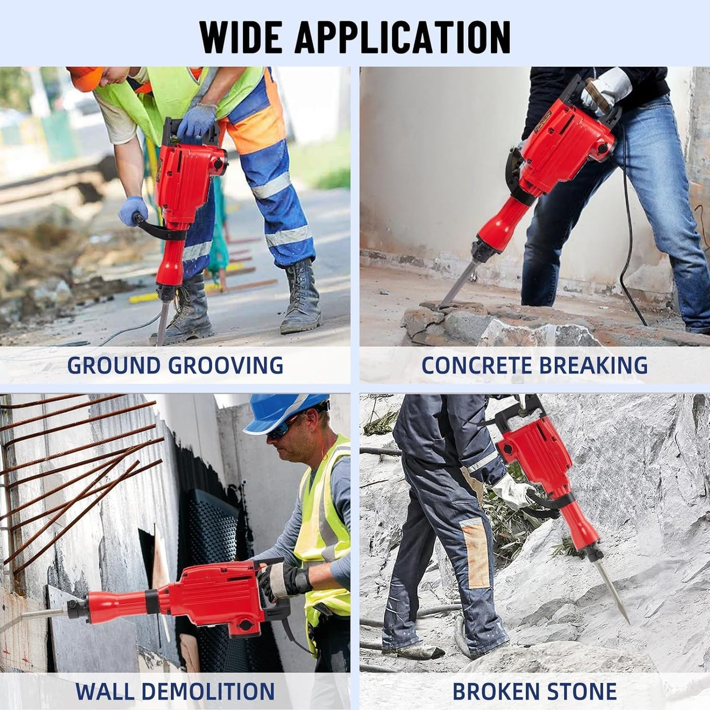 2200W Heavy Duty Electric Jack Hammer,Demolition Power Tool Kit With 3 Chisel Bits,Carrying Case & Safety Gloves for Concrete,Brick and Masonry, 6-Piece Set