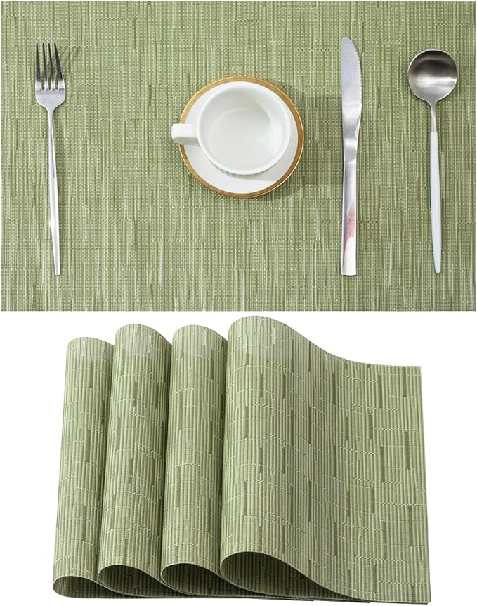Leetaltree Pea Green Placemats Set of 4 - Heat Resistant Non-Slip Place mats for Dining Table, Washable Durable PVC Vinyl Woven Table Matsï¼Pea Green, 4ï¼
