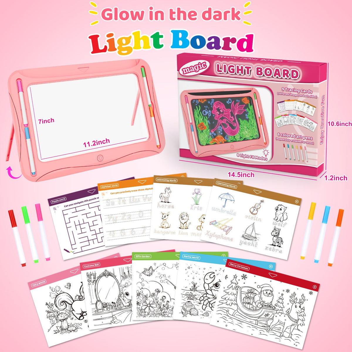 Magic LED Drawing Board for Kids, Girl Toys for Ages 5-7, Christmas Birthday Gifts, Light Up Tracing Pad, 9 Double-Sided Cards, 6 Markers, Neon Effect Doodle Writing Tablet, Arts Crafts Learning Toy