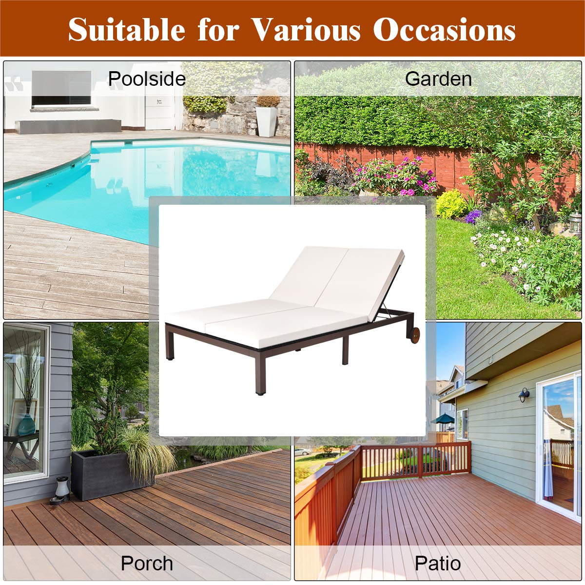 Tangkula 2-Person Patio Lounge Chair, Outdoor Rattan Double Wicker Daybed Chaise with Adjustable Backrest Wheels & Cushion, Loveseat Sofa for Garden Lawn Backyard (Cream)