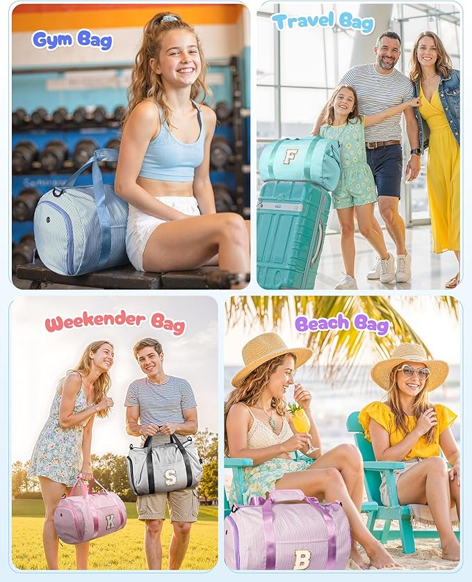 Granddaughter Gift from Grandmom, Girl Gym Bag, Kids Initial Overnight Duffel Bags with Shoe Compartment, Personalized Travel Bag with Makeup Pouch, Birthday Gift for Her (Letter N)