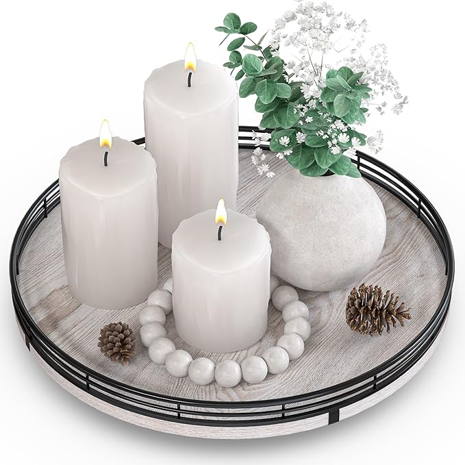 12" Farmhouse Lazy Susan for Kitchen & Coffee Table Decor â Rustic Whitewashed Wood Tray with Black Metal Frame, Decorative Centerpiece for Dining Room, Ottoman, Living Room, Serving or Vanity Use