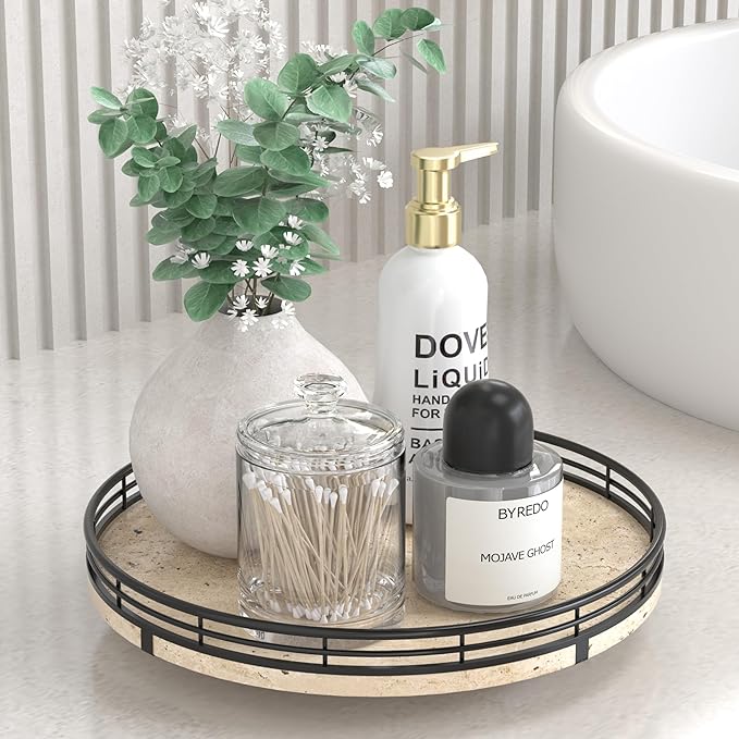 Italian Natural Travertine Lazy Susan Turntable for Table Top â 10â Round Marble Tray Organizer for Bathroom, Vanity, Dining Table, Kitchen Countertop & Bar, Luxury Stone Serving Tray with Black Frame