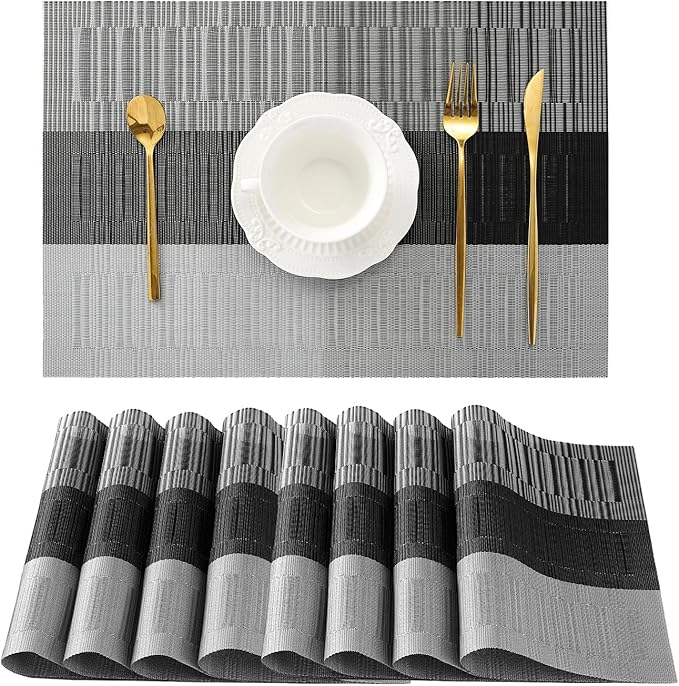 Leetaltree Grey with White Striped Placemats Set of 8 - Heat Resistant Non-Slip Place mats for Dining Table, Washable Durable PVC Vinyl Woven Table Matsï¼Grey Stripe, 8ï¼