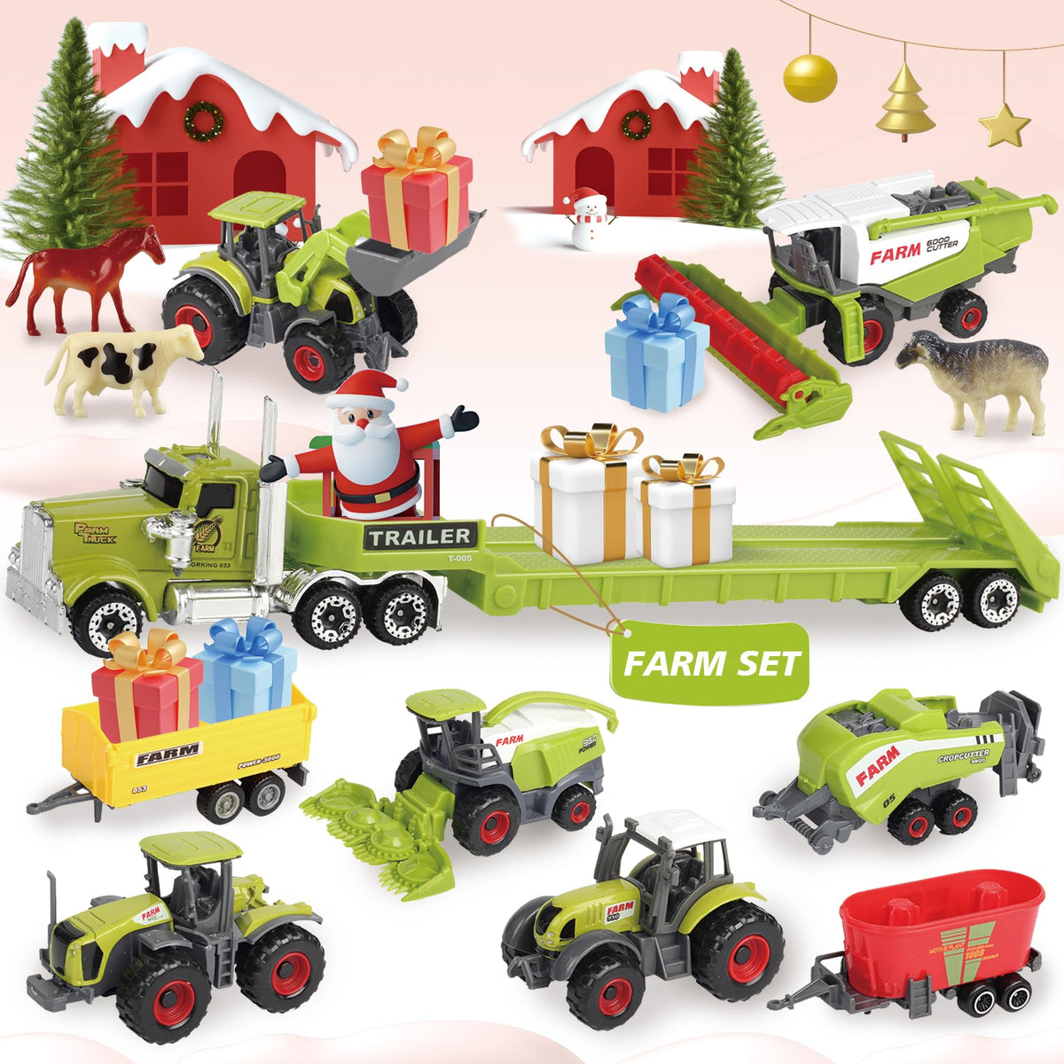 Oriate Kids Farm Toys Realistic Tractor Vehicle Playset, Diecast Car Set Educational Mini Farm Animals with Flatbed Trailer, Birthday Gift for Children 3 Year Old