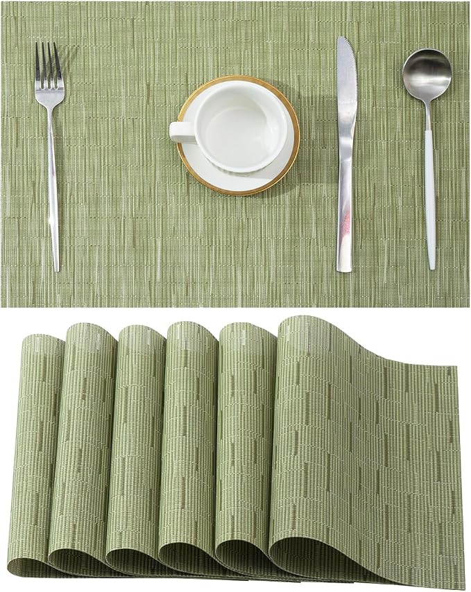 Leetaltree Pea Green Placemats Set of 6 - Heat Resistant Non-Slip Place mats for Dining Table, Washable Durable PVC Vinyl Woven Table Matsï¼Pea Green, 6ï¼