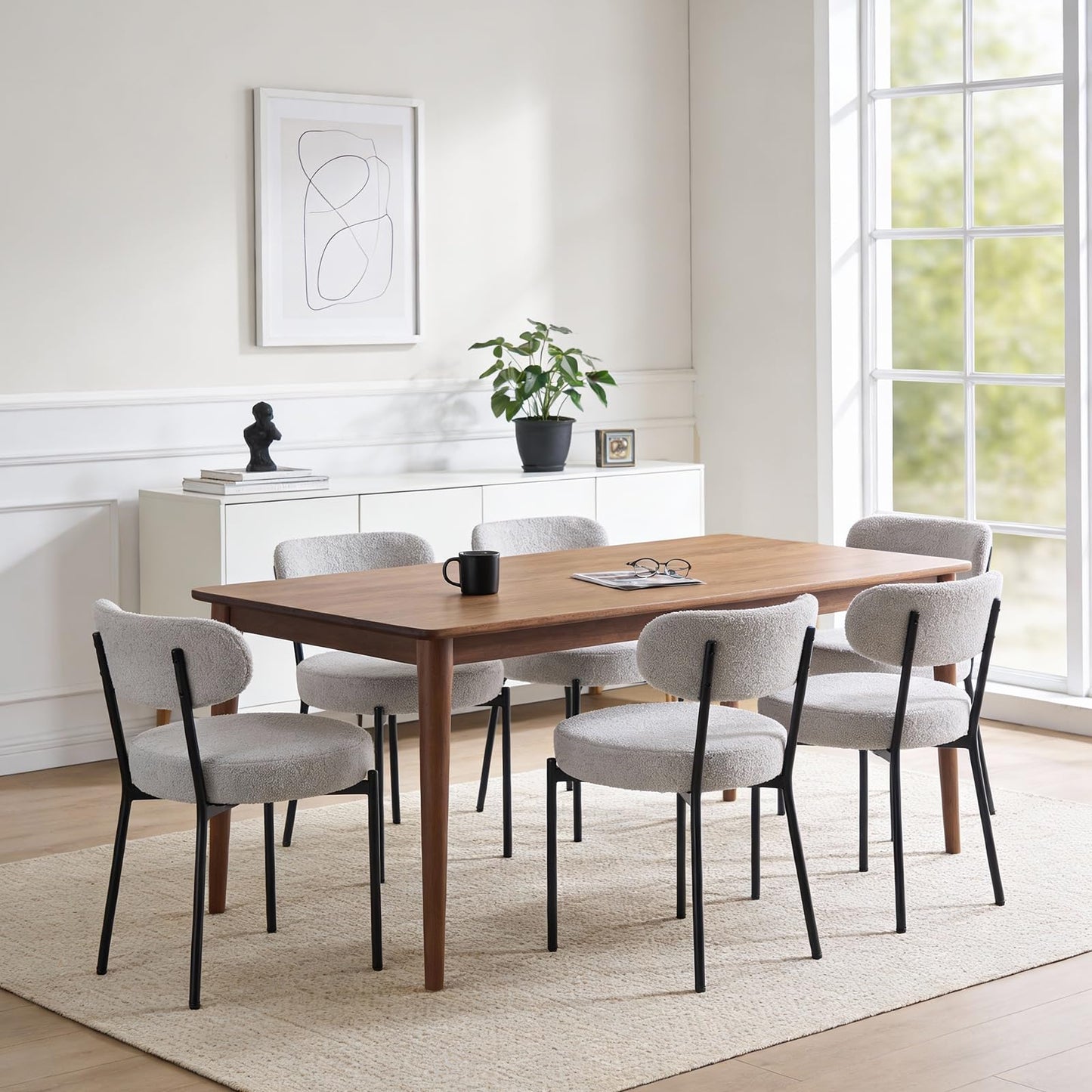 DUMOS Dining Chairs Set of 6, Mid Century Modern Chair Round Upholstered Curved Backrest, Kitchen Vanity Living Room Chairs with Black Metal Legs,Light Grey