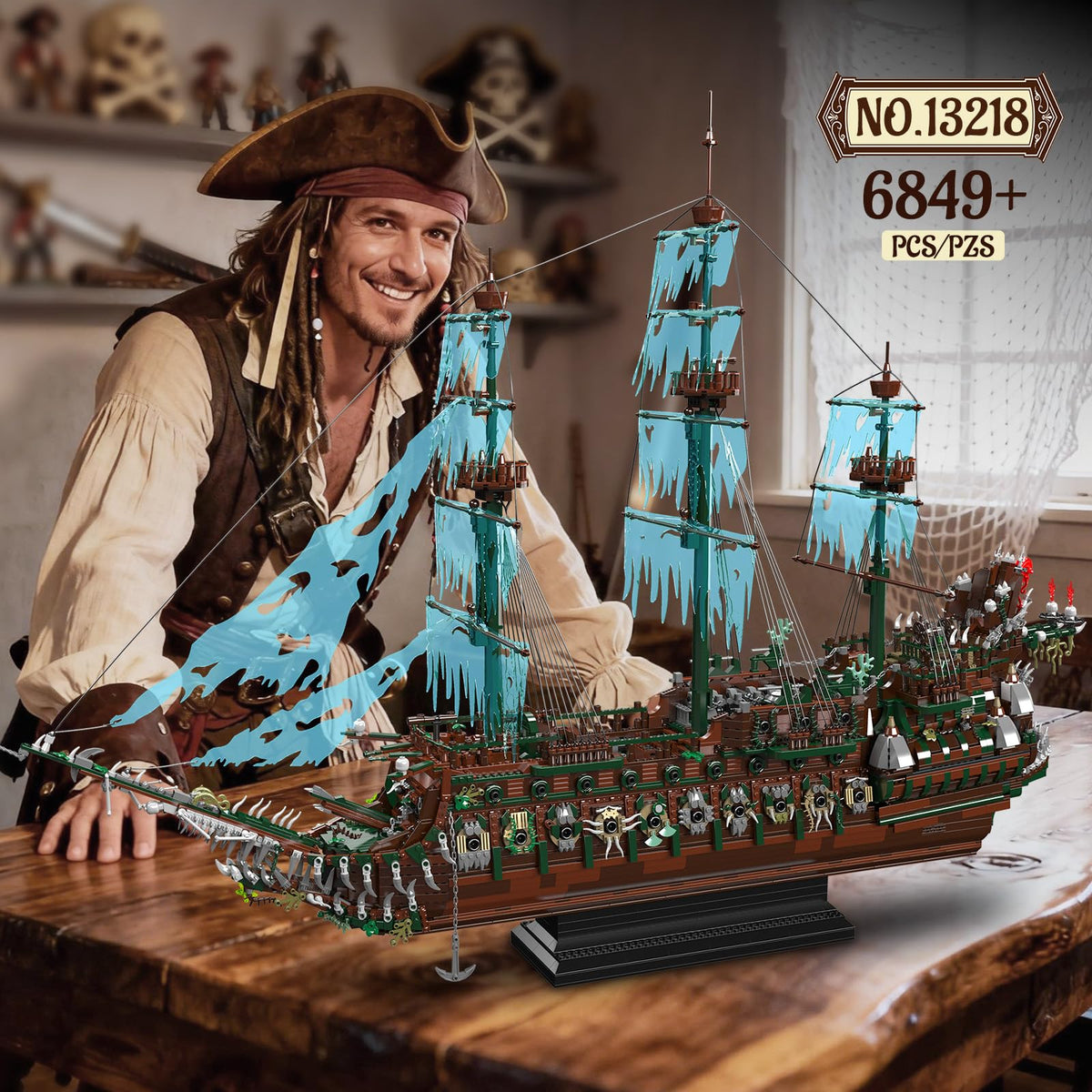 Mould King 13218 Pirate Ship Building Blocks Sets, MOC Ghost Ship Flying Dutchman Model Kit, Display Decoration Pirate Boat Model Sets, Collectible Construction Toys Gift for Teen Adult(6849 PCS)