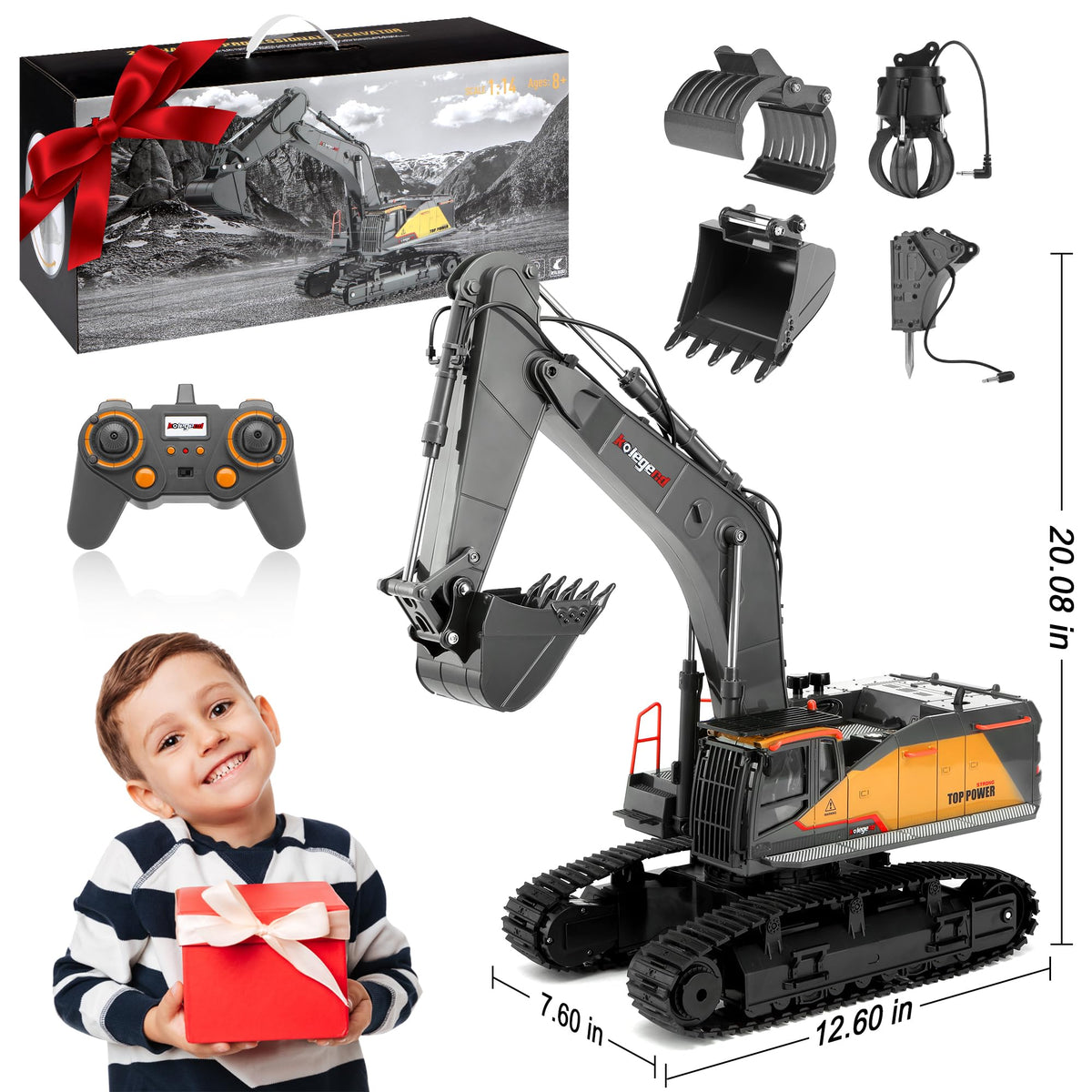 kolegend 1:14 RC Excavator 25 Channel 4 in 1 Construction Toys,Remote Control Vehicles Tractor Sandbox Toys Digger,with Metal Bucket,Drill Bit,Gripper & Wood Gripper RC Truck
