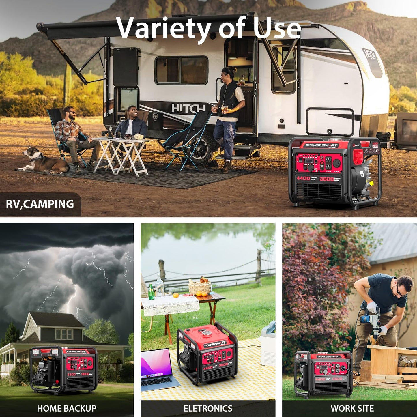 PowerSmart 4400W Open Frame Inverter Generator, Gas Powered, CO-Sensor, Lightweight & Quiet for Home Use and Emergency Backup, Camping, EPA Compliant