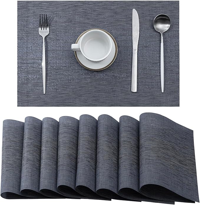 Leetaltree Denim Blue Placemats Set of 8 - Heat Resistant Non-Slip Place mats for Dining Table, Washable Durable PVC Vinyl Woven Table Matsï¼Denim Blue, 8ï¼
