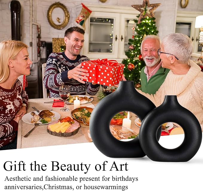 Black Ceramic Donut Vase Set of 2, Hollow Round Matte Pampas Flower Vases for Boho Home Wedding Party Room Dinner Table Shelf Decor.(Black)