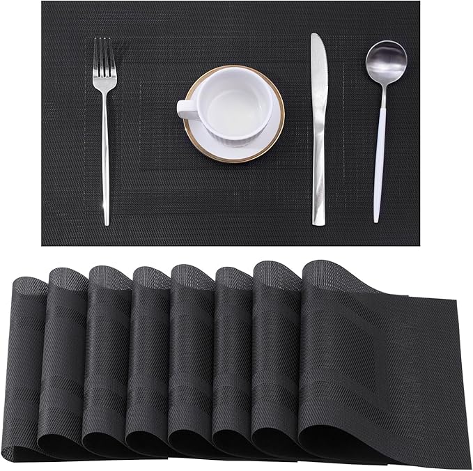 Leetaltree Black Frame Placemats Set of 8 - Heat Resistant Non-Slip Place mats for Dining Table, Washable Durable PVC Vinyl Woven Table Matsï¼Black Frame, 8ï¼
