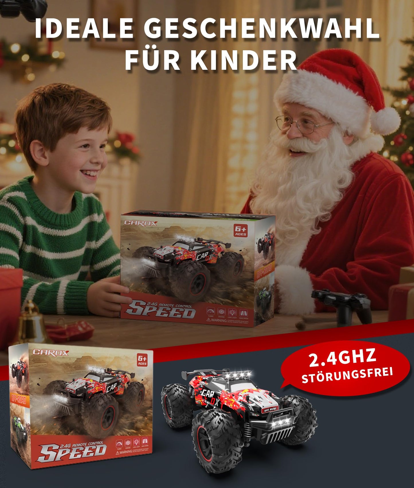Carox Remote Control Car, 2.4GHz 26KM/H High Speed RC Car, 1:18 Off-Road Monster Truck with LED Lights, Proportional Throttle & 1800mAh Rechargeable Batteries β Ideal Gift for Boys 6+ (RED)