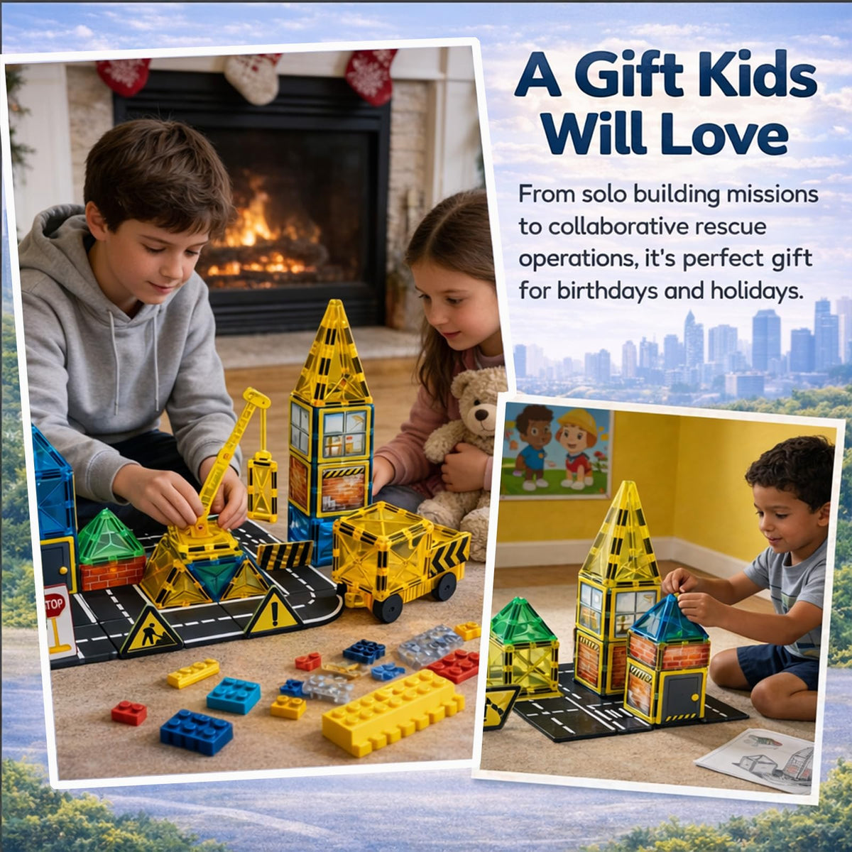 LATI Construction Magnetic Tiles City Set for Kids, Double-Sided Day & Night Building Blocks with Crane, Roads, Traffic Signs & Construction Vehicles, STEM Learning Toy for Boys & Girls Ages 3+