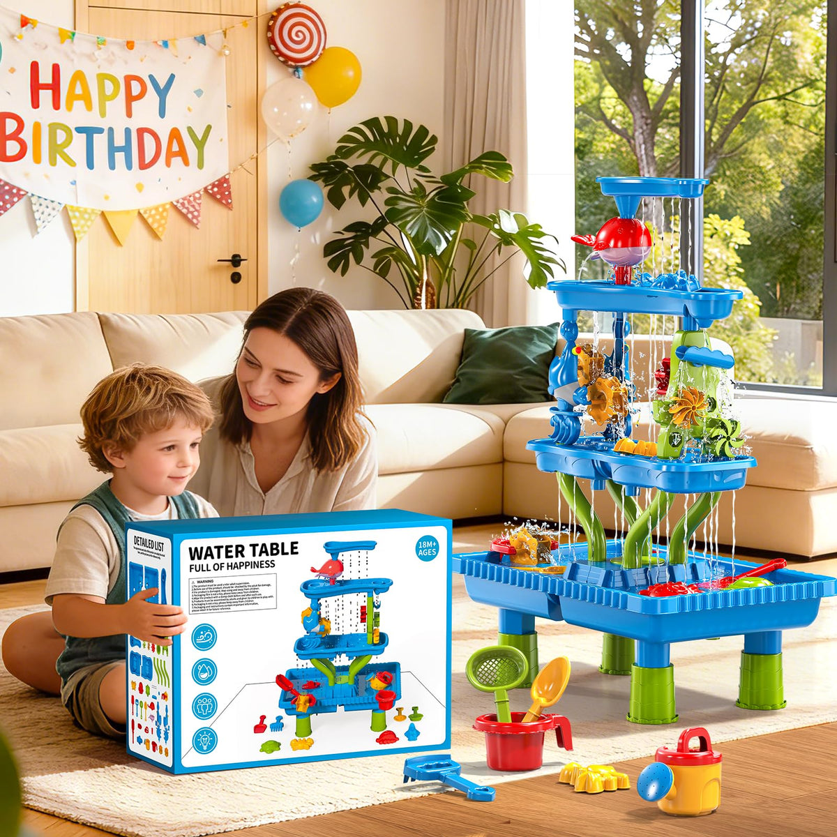 Sand Water Table, 4-Tier Rectangular Sand and Water Table for Toddlers 1.5+, Outdoor Splash and Play Activity Set for Boys and Girls Ages 2 3 4 5 6 7 8 Years, Indoor Outdoor Water Play Sensory Toys