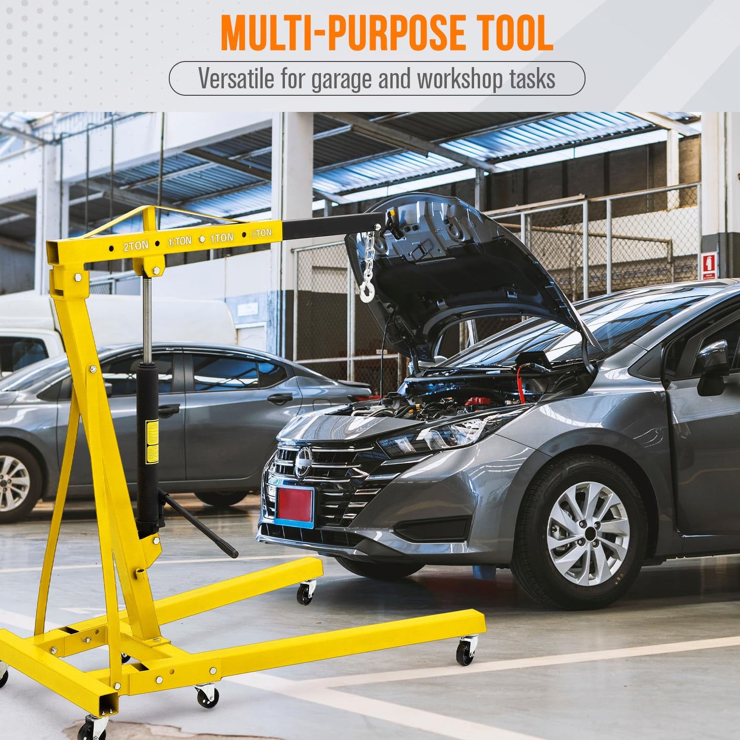 2 Ton Hydraulic Engine Hoist (4400LB) โ Heavy Duty Folding Shop Crane with 6 Swivel Casters & Telescopic Boom | Adjustable Lifting for Car Engines, Transmissions | Garage, Workshop, Factory, Yellow