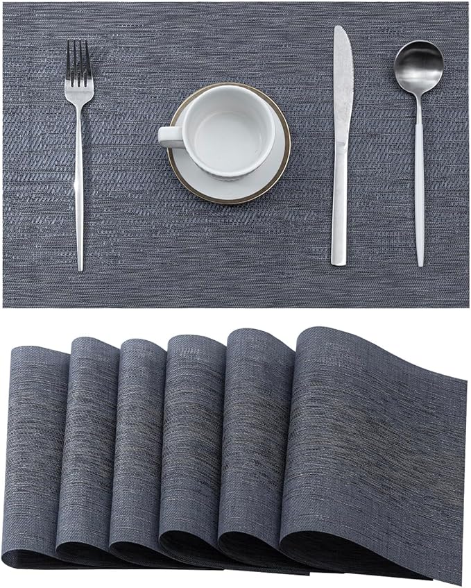 Leetaltree Denim Blue Placemats Set of 6 - Heat Resistant Non-Slip Place mats for Dining Table, Washable Durable PVC Vinyl Woven Table Matsï¼Denim Blue, 6ï¼