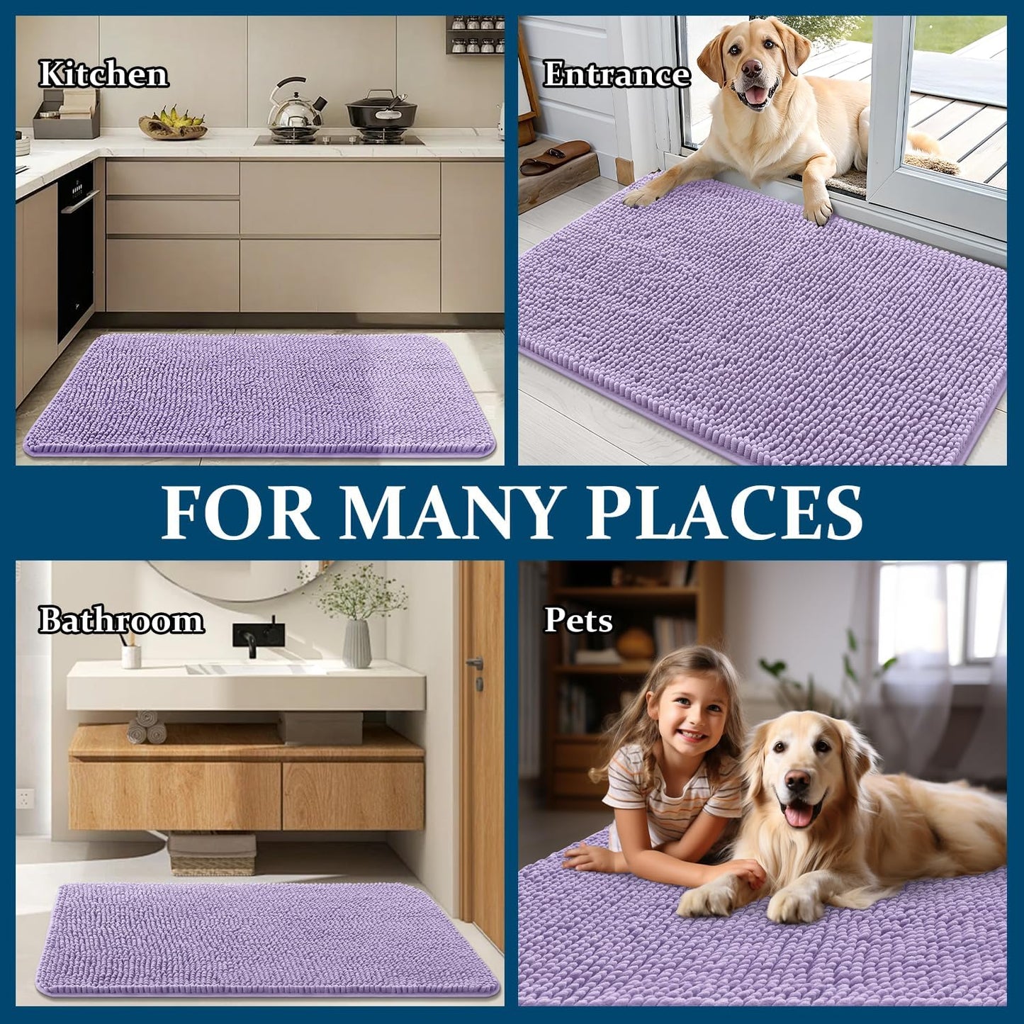 OLANLY Dog Door Mat - Absorbent Non-Slip Mud Mat for Indoor Use | Quick Dry Chenille, 47x32, Lavender