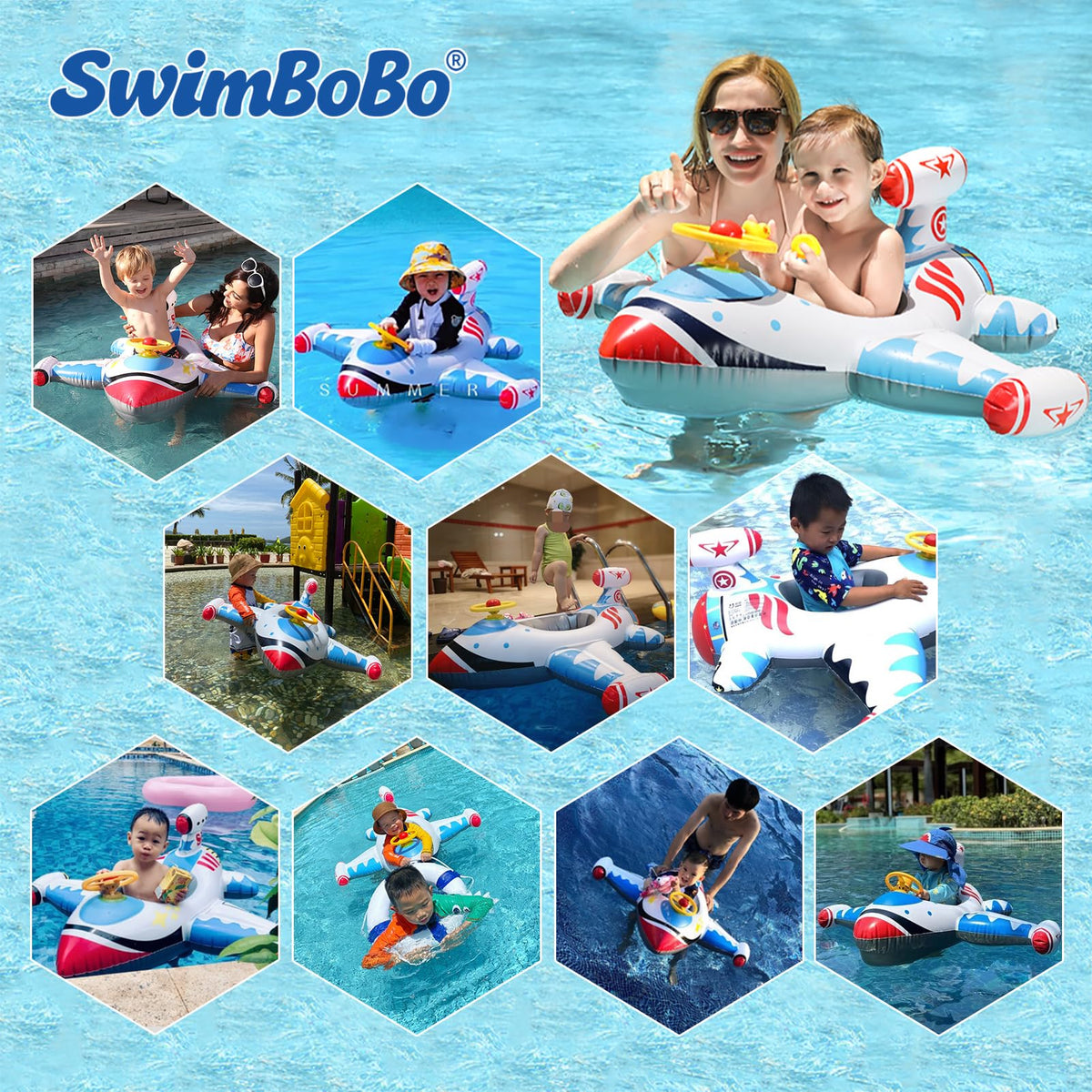 Swimbobo Toddler Pool Float with Seat Boat Inflatable Ride-on Airplane Baby Floatie for Kids Outdoor Toys(White Airplane)