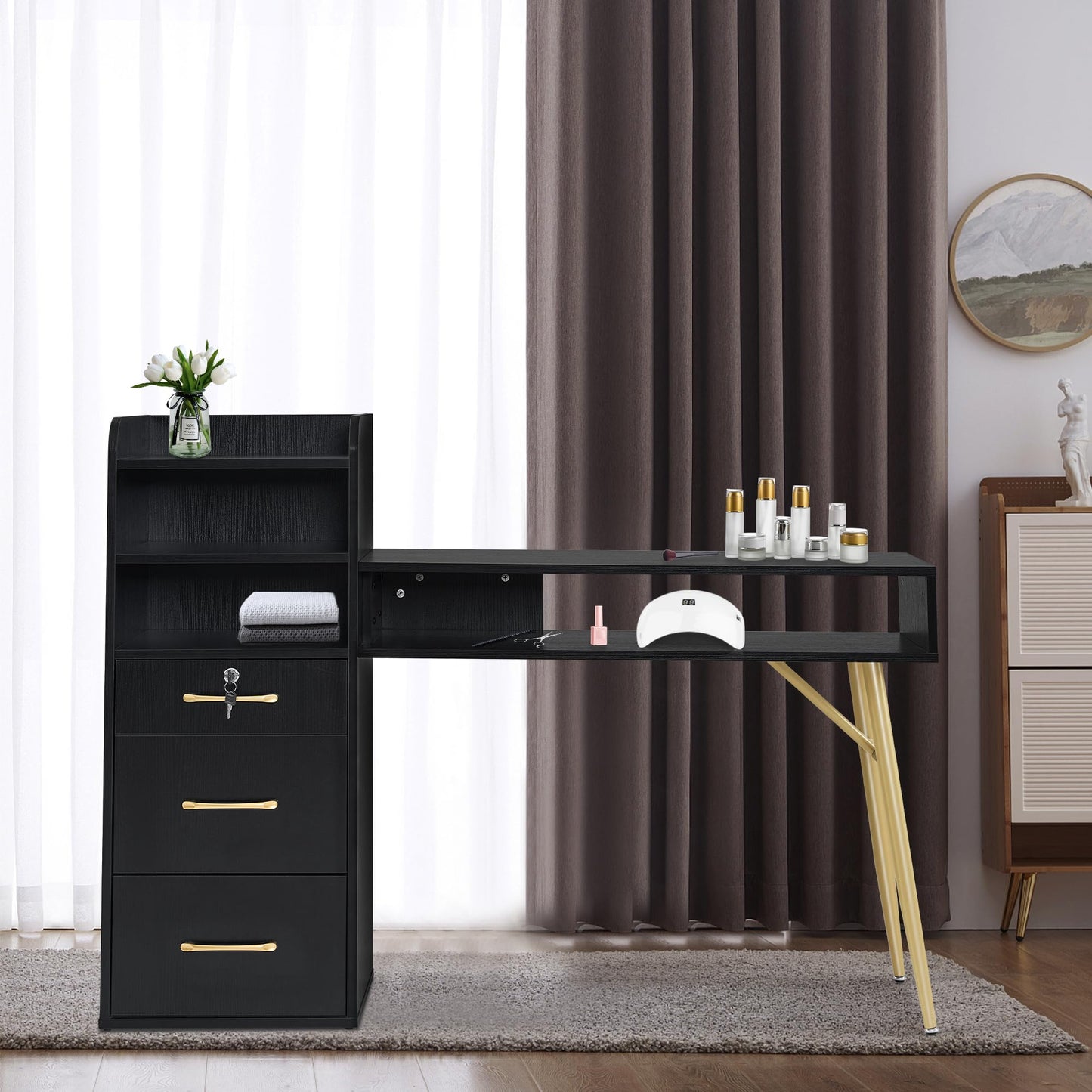 BarberPub Manicure Table with 3 Drawers & 4 Shelves, Nail Desk with Golden Handles and Legs, Nail Table for Nail Tech, Beauty Spa Workstation Equipment DC2605 (Black)