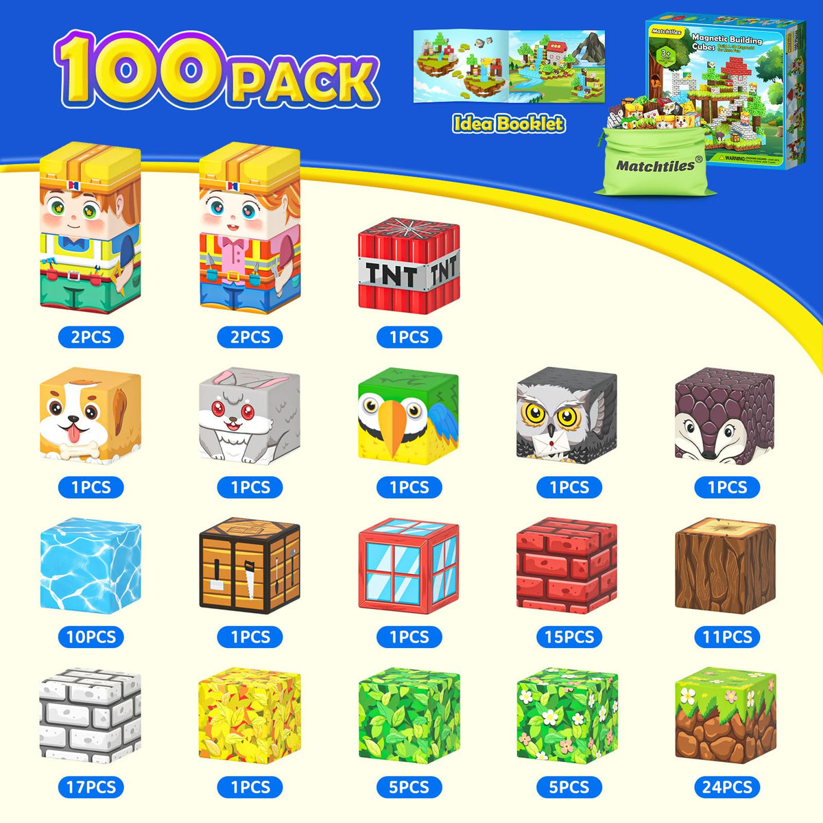 Matchtiles Magnetic Blocks with Animals, Magnetic Building Blocks Magnet Cube Toys Stacking, Build Forest World Set, STEM Montessori Sensory Toys for Gifts (100 Forest Animals)