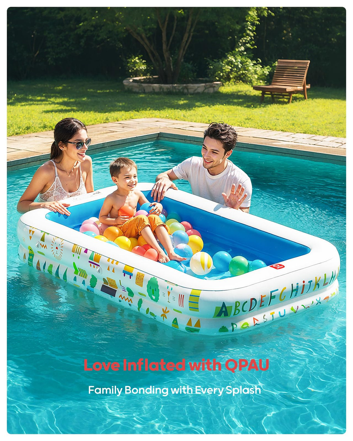 QPAU Kiddie Pool – 65" x 39" Inflatable Pool for Kids & Toddlers, Ball Pit & Baby Pool with Soft Cushioned Floor, Canopy for Sun Protection, Durable Outdoor Play Toys for Backyard & Indoor (Blue)