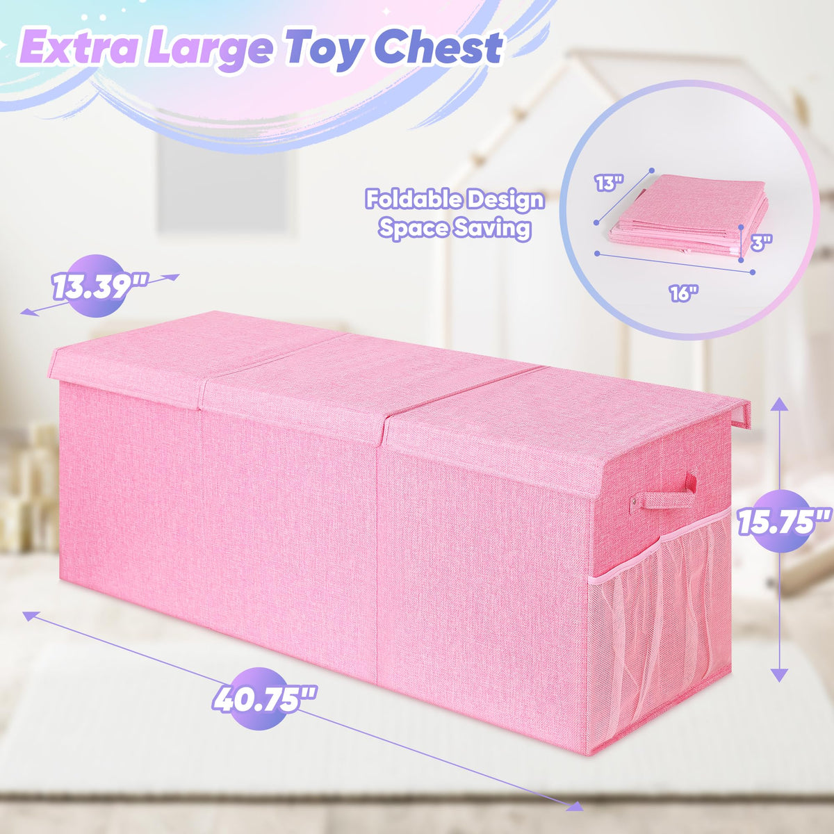 Mabahoo Extra Large Toy Box, Toybox for Kids Boys Girls, Collapsible Sturdy Toy Storage Organizer with Mesh Pockets, 40"x14"x16" Kids Storage Boxes Bins Baskets for Nursery, Playroom, Pink