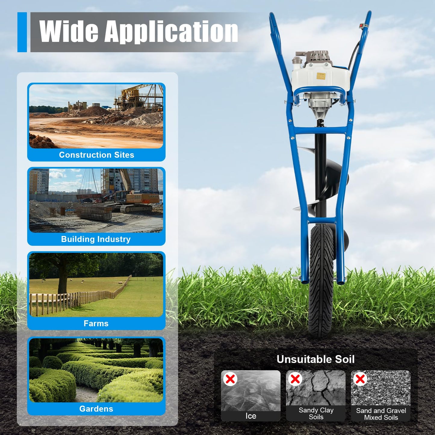 63CC 2-Stroke Post Hole Digger, 3HP Gas Powered Earth Auger Borer Ground Drill Gasoline Earth Auger Wheelbarrow with 11" Bit for Fence Ground Drill Garden Tree Planting (Blue)