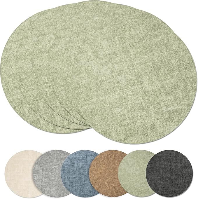 Maxpearl Round Placemats Set of 6, 13.8 inch Faux Leather Heat Resistant Table Mats, Non Slip Waterproof Wipeable Place Mats for Kitchen Dining Holiday Party Table Settings, Sage Green