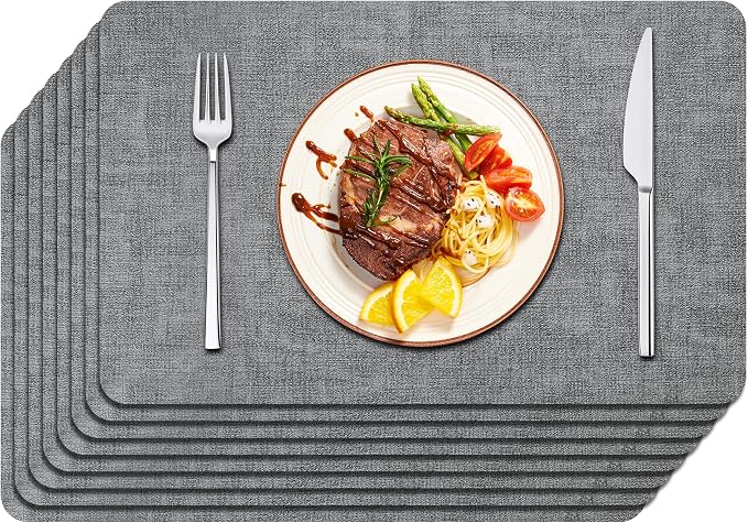 Maxpearl Faux Leather Placemats Set of 8 â Waterproof, Wipe Clean, Heat Resistant, Non-Slip Dining Table Mats for Indoor & Outdoor Use, 17âÃ12â, Grey
