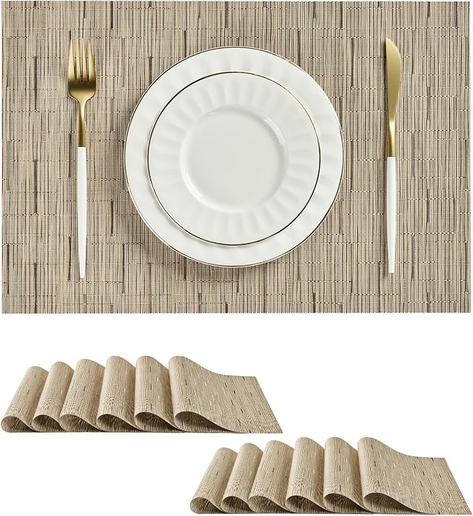 Leetaltree Light Brown Placemats Set of 12 - Heat Resistant Non-Slip Place mats for Dining Table, Washable Durable PVC Vinyl Woven Table Matsï¼Light Brown, 12ï¼