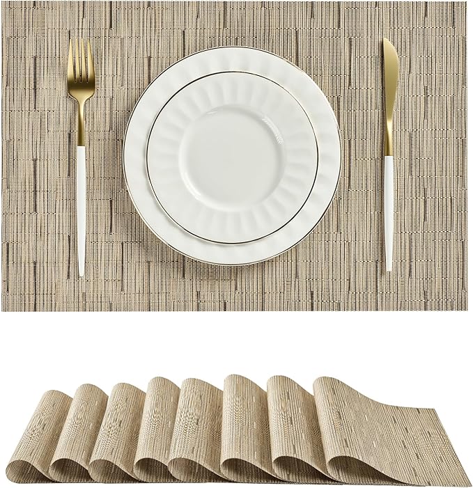Leetaltree Light Brown Placemats Set of 8 - Heat Resistant Non-Slip Place mats for Dining Table, Washable Durable PVC Vinyl Woven Table Matsï¼Light Brown, 8ï¼