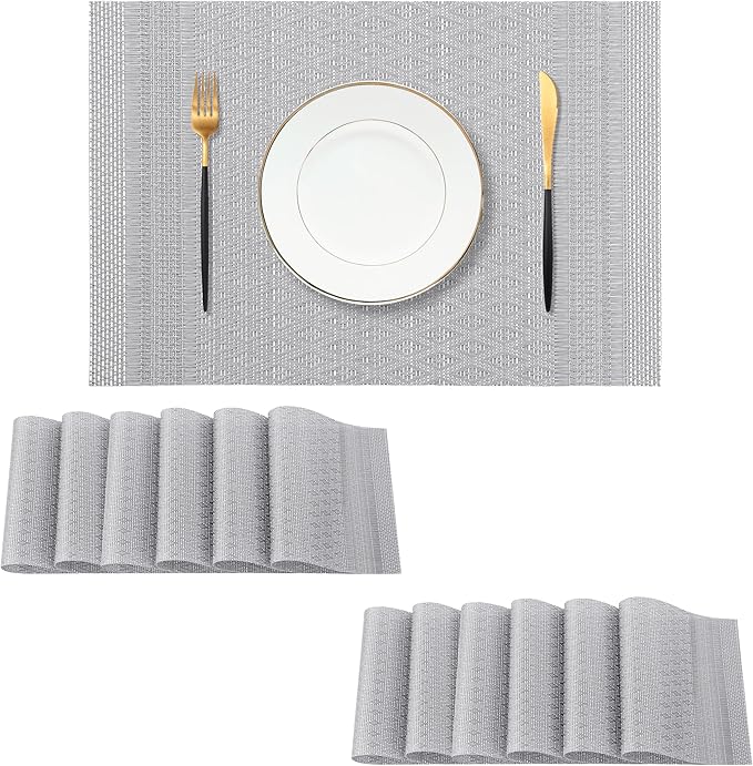 Leetaltree Lunar Grey Placemats Set of 12 - Heat Resistant Non-Slip Place mats for Dining Table, Washable Durable PVC Vinyl Woven Table Matsï¼Lunar Grey, 12ï¼