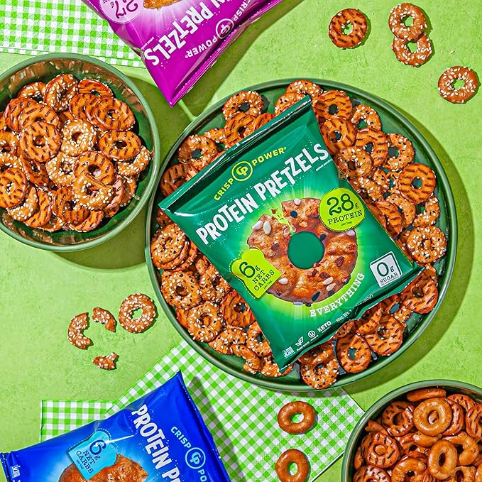 Crisp Power Protein Pretzels, Variety Pack With Sea Salt, Sesame, & Everything, Vegan Keto Snack, Plant Based Protein, Low Carb Crunchy Pretzel Snacks, Sugar Free, No Seed Oils, 1.75 Oz Bags, 6 Pack