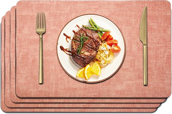 Maxpearl Faux Leather Placemats Set of 4 - Waterproof - Wipe Clean - Heat Resistant - Anti Slip Dining Table Place Mats, Suitable for Indoor & Outdoor Use, 17ââÃ12ââ, Peachy Pink
