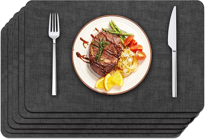Maxpearl Faux Leather Placemats Set of 6 - Waterproof - Wipe Clean - Heat Resistant - Anti Slip Dining Table Place Mats, Suitable for Indoor & Outdoor Use, 17ââÃ12ââ, Black