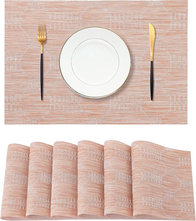 Leetaltree Coral Placemats Set of 6 - Heat Resistant Non-Slip Place mats for Dining Table, Washable Durable PVC Vinyl Woven Table Matsï¼Coral, 6ï¼