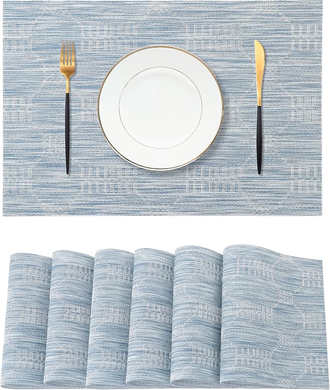 Leetaltree Alice Blue Placemats Set of 6 - Heat Resistant Non-Slip Place mats for Dining Table, Washable Durable PVC Vinyl Woven Table Matsï¼Jacquard Blue, 6ï¼