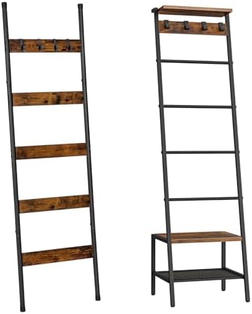 HOOBRO Blanket Ladder,Towel Rack with Hooks, Decorative Display Ladder Shelf, for Scarves, Industrial, Living Room, Bedroom, Rustic Brown and Black, BF52CJ01-BF13CJ01