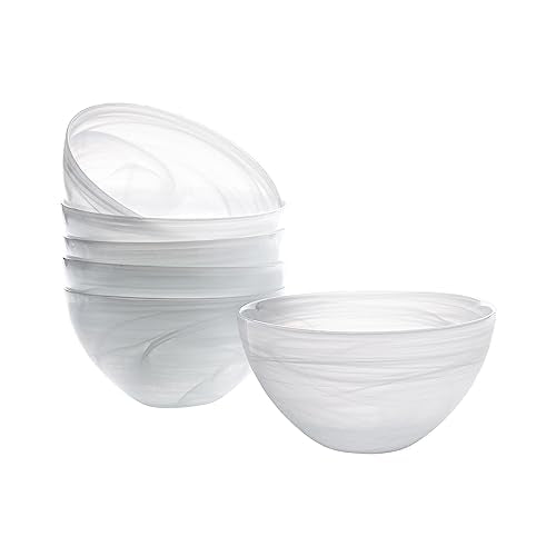 Vikko Salad Bowl, Set of 6 White Alabaster Style Soup Bowls, 6" Bowl with Marbelized Design, Large 32 Ounce Bowls Set, For Pasta, Fruit, Ramen Bowl, Dishwasher Safe
